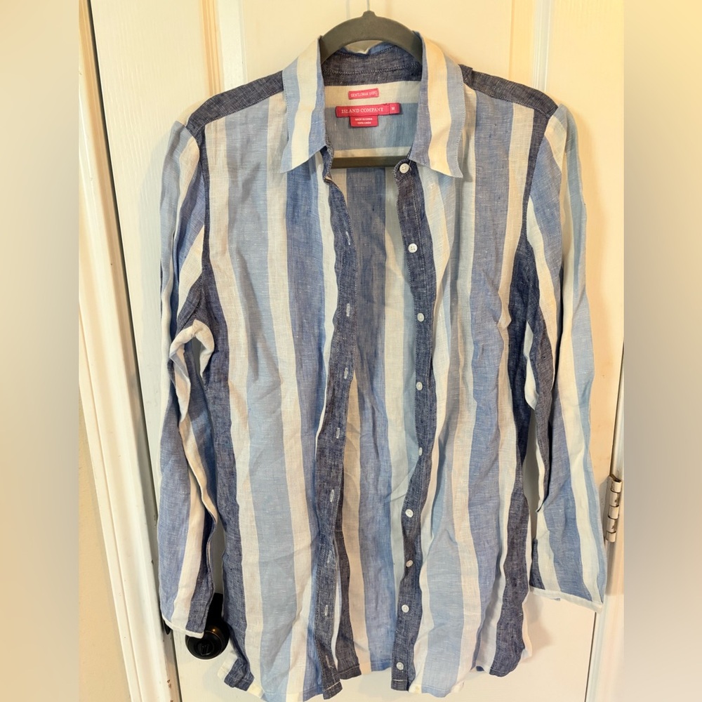 Linen Island Company Gentleman Shirt Striped Button Women's M Summer Blue White